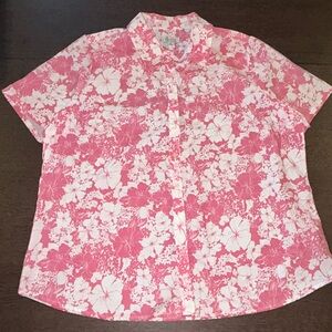 Denim & Co Women’s Pink Floral Button-Up Shirt Short Sleeve Size XL
